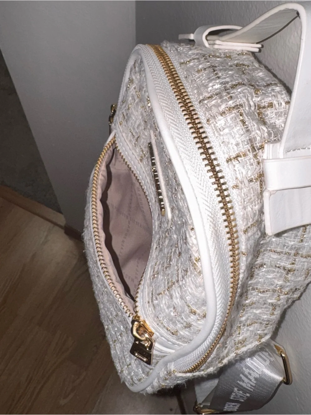 Steve Madden Mini Tweed Backpack White Gold Metallic Bag